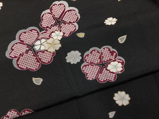 平和屋着物●訪問着　駒刺繍　舞花文　黒地　金彩　鬼しぼ縮緬　ロング丈　正絹　逸品　AABJ4290fy