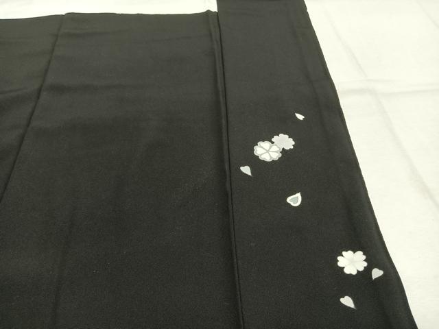 平和屋着物●訪問着　駒刺繍　舞花文　黒地　金彩　鬼しぼ縮緬　ロング丈　正絹　逸品　AABJ4290fy
