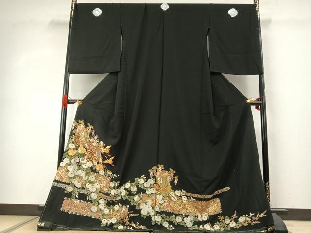 平和屋着物●豪華黒留袖　駒刺繍　御所車花鳥文　金彩　仮絵羽　正絹　逸品　未使用　AABJ4293fy