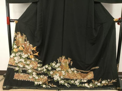 平和屋着物●豪華黒留袖　駒刺繍　御所車花鳥文　金彩　仮絵羽　正絹　逸品　未使用　AABJ4293fy