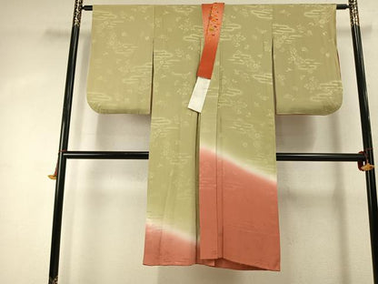 平和屋着物●長襦袢　無双仕立て　舞蝶花鳥地紋　暈し染め　半衿刺繍　正絹　逸品　AABJ4295fy