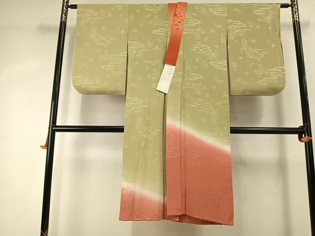 平和屋着物●長襦袢　無双仕立て　舞蝶花鳥地紋　暈し染め　半衿刺繍　正絹　逸品　AABJ4295fy