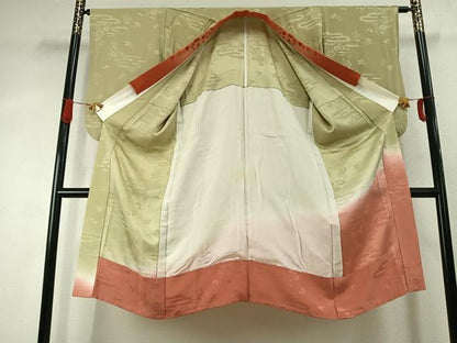 平和屋着物●長襦袢　無双仕立て　舞蝶花鳥地紋　暈し染め　半衿刺繍　正絹　逸品　AABJ4295fy