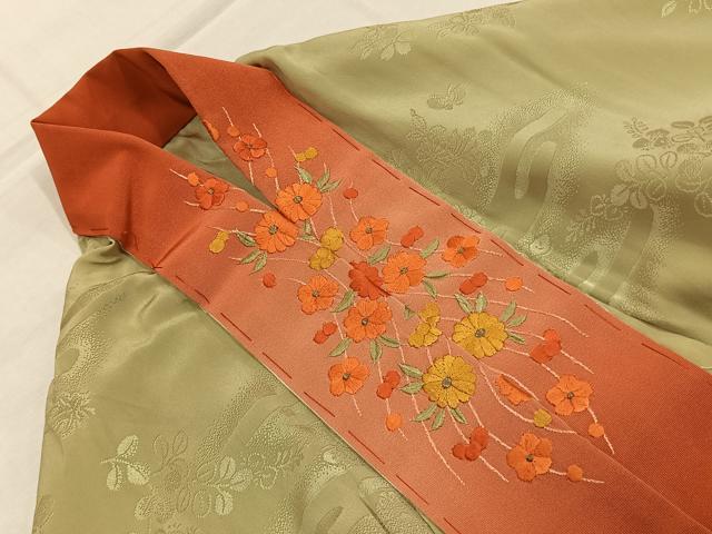 平和屋着物●長襦袢　無双仕立て　舞蝶花鳥地紋　暈し染め　半衿刺繍　正絹　逸品　AABJ4295fy