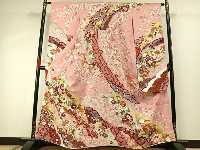 平和屋着物●豪華振袖　駒刺繍　雪輪花文　金彩　正絹　逸品　AABJ4299fy