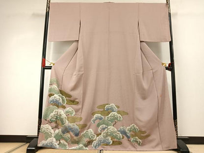 平和屋着物●ファッションデザイナー 花井幸子　色留訪問着　刺繍　枝松文　金糸　金彩　正絹　逸品　AABJ4307fy