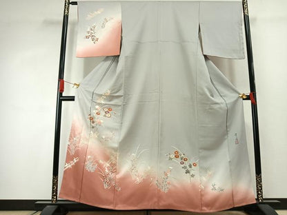 平和屋着物●訪問着　作家物　刺繍　草花文　暈し染め　金彩　正絹　逸品　未使用　AABJ4311fy