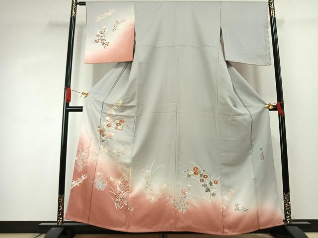 平和屋着物●訪問着　作家物　刺繍　草花文　暈し染め　金彩　正絹　逸品　未使用　AABJ4311fy