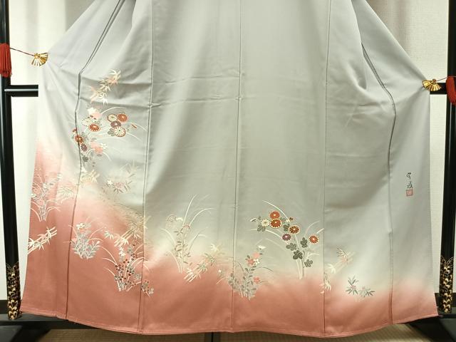 平和屋着物●訪問着　作家物　刺繍　草花文　暈し染め　金彩　正絹　逸品　未使用　AABJ4311fy