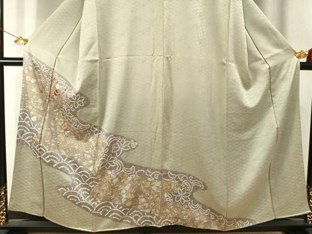 平和屋着物●訪問着　駒刺繍　絞り　草花文　金糸　金銀彩　正絹　逸品　AABJ4316fy