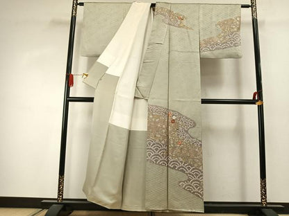 平和屋着物●訪問着　駒刺繍　絞り　草花文　金糸　金銀彩　正絹　逸品　AABJ4316fy