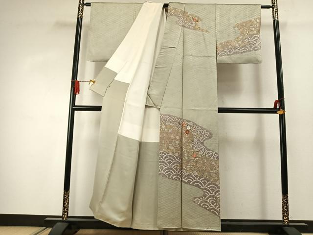 平和屋着物●訪問着　駒刺繍　絞り　草花文　金糸　金銀彩　正絹　逸品　AABJ4316fy