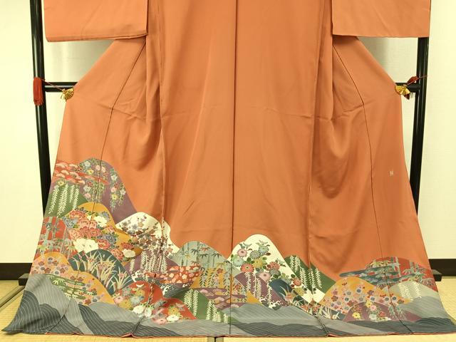 平和屋着物●豪華色留袖　友禅　作家物　草花文　浜ちりめん　仮絵羽　正絹　逸品　未使用　AABJ4325fy