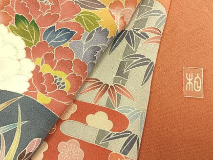 平和屋着物●豪華色留袖　友禅　作家物　草花文　浜ちりめん　仮絵羽　正絹　逸品　未使用　AABJ4325fy
