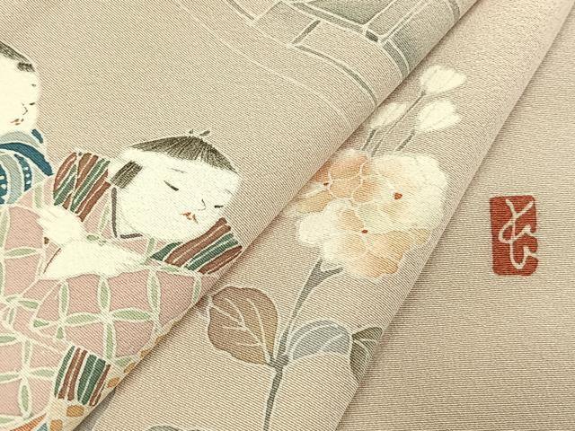平和屋着物●訪問着　友禅　作家物　人物枝花文　正絹　逸品　未使用　AABJ4330fy