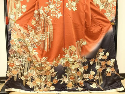 平和屋着物●豪華振袖　扇面花文　暈し染め　金糸　金彩　仮絵羽　逸品　未使用　AABJ4347fy
