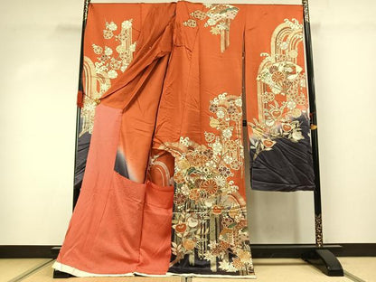 平和屋着物●豪華振袖　扇面花文　暈し染め　金糸　金彩　仮絵羽　逸品　未使用　AABJ4347fy