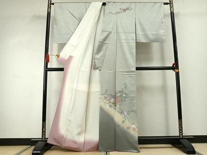 平和屋着物●訪問着　中国三大刺繍　汕頭刺繍　スワトウ刺繍　地紙花文　暈し染め　正絹　逸品　AABJ4356fy