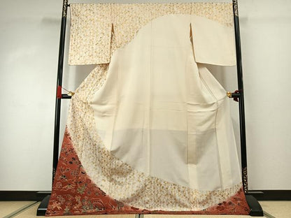 平和屋着物●訪問着　駒刺繍　宝尽くし扇面花文　暈し染め　金銀糸　金彩　ロング丈　正絹　逸品　AABJ4363fy