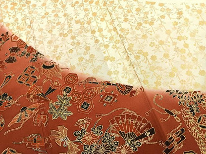 平和屋着物●訪問着　駒刺繍　宝尽くし扇面花文　暈し染め　金銀糸　金彩　ロング丈　正絹　逸品　AABJ4363fy
