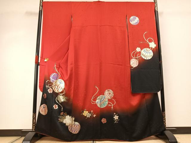 平和屋着物●豪華振袖　駒刺繍　毬　舞花文　暈し染め　金銀彩　正絹　逸品　AABJ4370fy