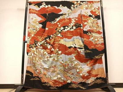 平和屋着物●豪華振袖　駒刺繍　御所車花鳥文　金彩　正絹　逸品　未使用　AABJ4374fy