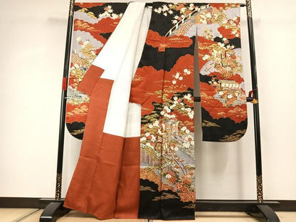 平和屋着物●豪華振袖　駒刺繍　御所車花鳥文　金彩　正絹　逸品　未使用　AABJ4374fy