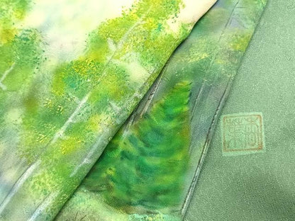 平和屋着物●訪問着　作家物　手描き　樹林文　暈し染め　正絹　逸品　未使用　AABJ4375fy