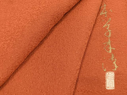 平和屋着物●上質な色無地　作家物　本草木染　霞地紋　鉛丹色　正絹　逸品　未使用　AABJ4384fy
