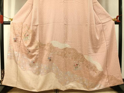 平和屋着物●訪問着　絞り　刺繍　草花文　金糸　金銀彩　正絹　逸品　AABJ4408fy