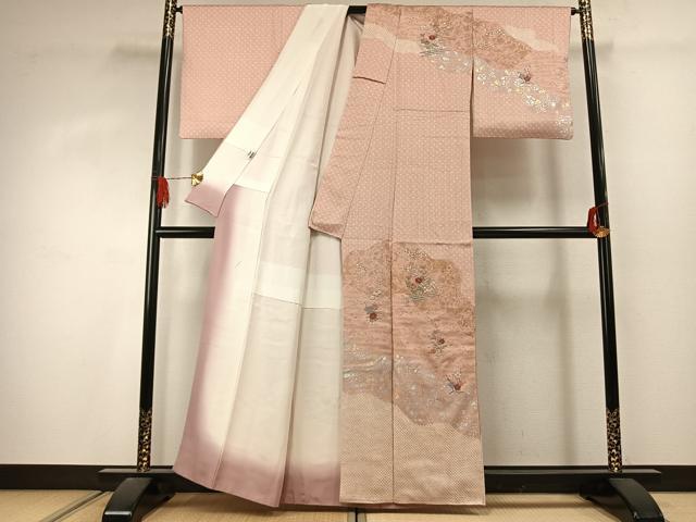 平和屋着物●訪問着　絞り　刺繍　草花文　金糸　金銀彩　正絹　逸品　AABJ4408fy