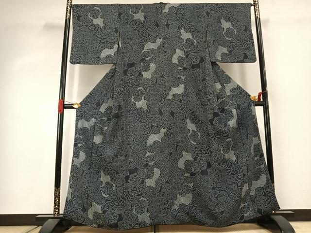 平和屋着物●上質な小紋　総絞り　草花文　黒地　正絹　逸品　AABJ4409fy