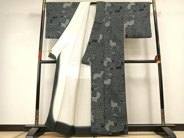 平和屋着物●上質な小紋　総絞り　草花文　黒地　正絹　逸品　AABJ4409fy