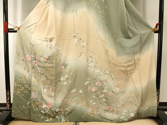平和屋着物●訪問着　友禅　枝花文　暈し染め　金銀彩　正絹　逸品　AABJ4411fy