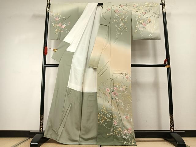 平和屋着物○訪問着 友禅 枝花文 暈し染め 金銀彩 正絹