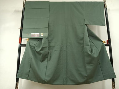 平和屋着物●男性　お召　色無地　老竹色　反端付き　正絹　逸品　AABJ4413fy