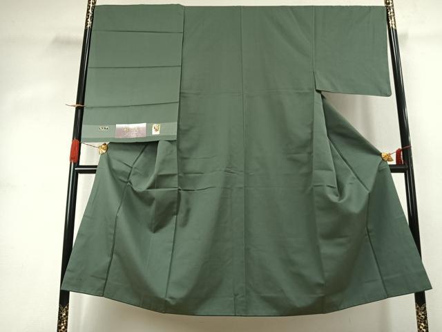 平和屋着物●男性　お召　色無地　老竹色　反端付き　正絹　逸品　AABJ4413fy