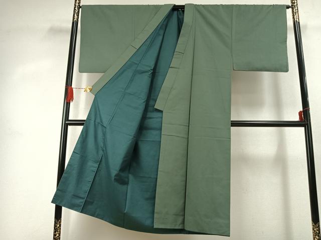 平和屋着物●男性　お召　色無地　老竹色　反端付き　正絹　逸品　AABJ4413fy