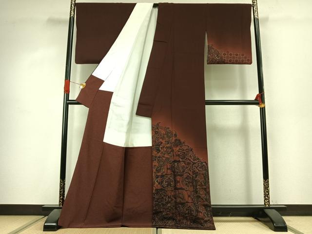 平和屋着物●前田仁仙　仁仙更紗　訪問着　切嵌更紗花鳥文　暈し染め　金彩　反端付き　正絹　逸品　AABJ4439fy