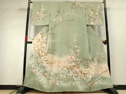 平和屋着物●十日町友禅作家　松雨　訪問着　駒刺繍　枝花文　暈し染め　金彩　正絹　逸品　AABJ4444fy