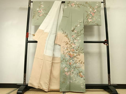 平和屋着物●十日町友禅作家　松雨　訪問着　駒刺繍　枝花文　暈し染め　金彩　正絹　逸品　AABJ4444fy
