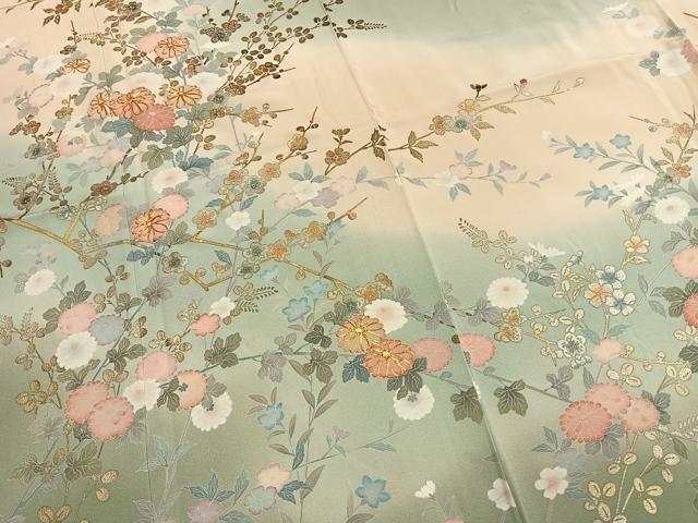 平和屋着物●十日町友禅作家　松雨　訪問着　駒刺繍　枝花文　暈し染め　金彩　正絹　逸品　AABJ4444fy