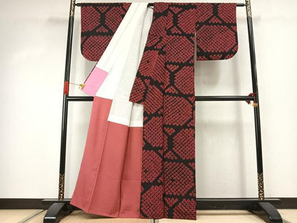 平和屋着物●上質な小紋　雲絞り　幾何学文様　黒地　正絹　逸品　AABJ4445fy