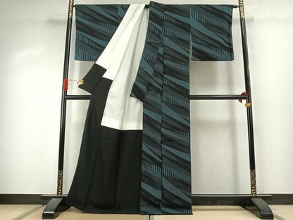 平和屋着物●上質な小紋　幾何学文様　黒地　正絹　逸品　AABJ4447fy
