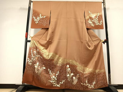 平和屋着物●訪問着　駒刺繍　草花文　金彩　正絹　逸品　未使用　AABJ4451fy