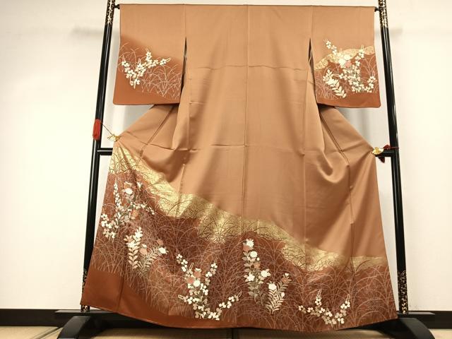 平和屋着物●訪問着　駒刺繍　草花文　金彩　正絹　逸品　未使用　AABJ4451fy
