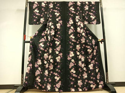 平和屋着物●小紋　枝花文　黒地　洗える着物　AABJ4458fy