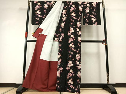 平和屋着物●小紋　枝花文　黒地　洗える着物　AABJ4458fy