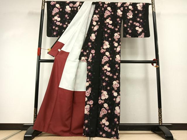 平和屋着物●小紋　枝花文　黒地　洗える着物　AABJ4458fy