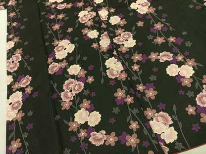 平和屋着物●小紋　枝花文　黒地　洗える着物　AABJ4458fy